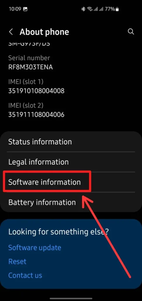 About Phone screen with Software Information highlighted