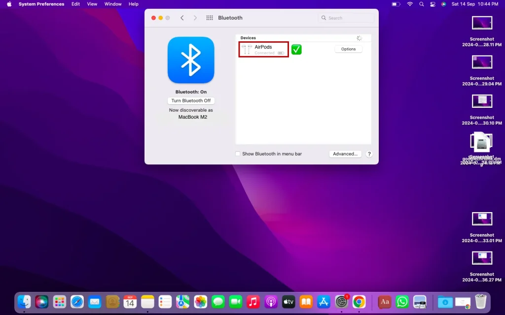 AirPods successfully connected to MacBook