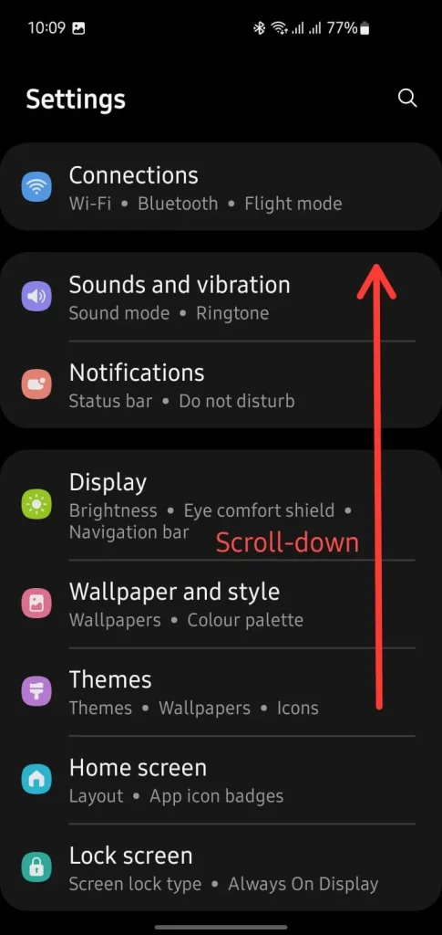 Android settings menu with scroll-down arrow