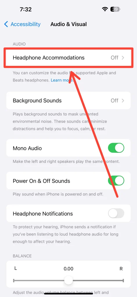 Audio & Visual settings with Headphone Accommodations - How To Make AirPods Louder