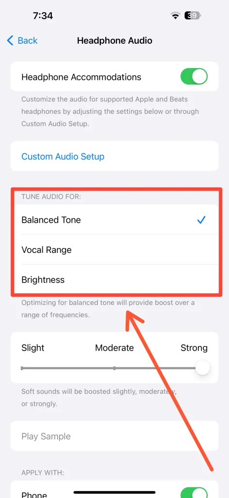 Audio tuning options Balanced Tone, Vocal Range - How To Make AirPods Louder