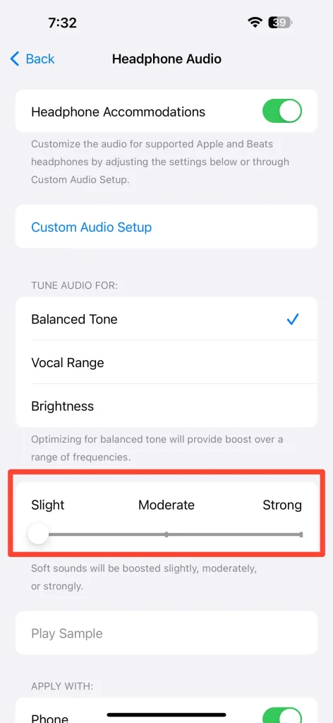 Audio tuning slider on iPhone - How To Make AirPods Louder