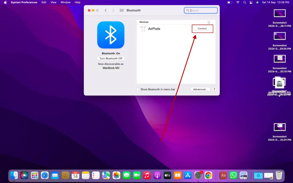 Connect AirPods in MacBook Bluetooth settings