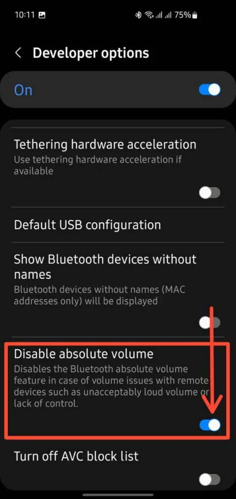 Developer Options screen with Disable Absolute Volume toggle